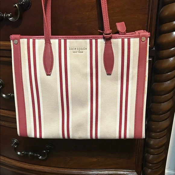 NWOT Kate Spade Market Striped Canvas Medium Tote in red jasper multi - Picture 2 of 8
